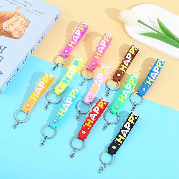 Creative Pvc Soft Rubber Keychain Leather Rope Accessories Cute Happy Letter Key Chain Lanyard Bag Doll Accessories