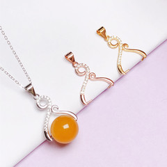 珍珠扣女S925純銀吊墜扣頭鑲嵌扣蜜蠟琥珀圓珠通孔銀夾扣項鍊小扣