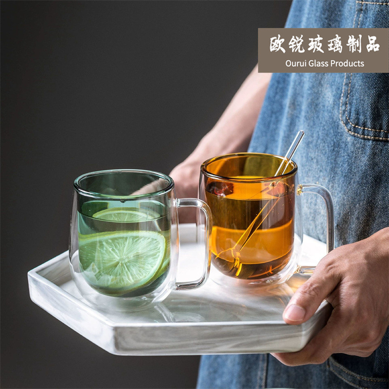 Taza de té de café para el hogar de doble capa de vidrio de color con mango Taza de leche de vidrio creativo