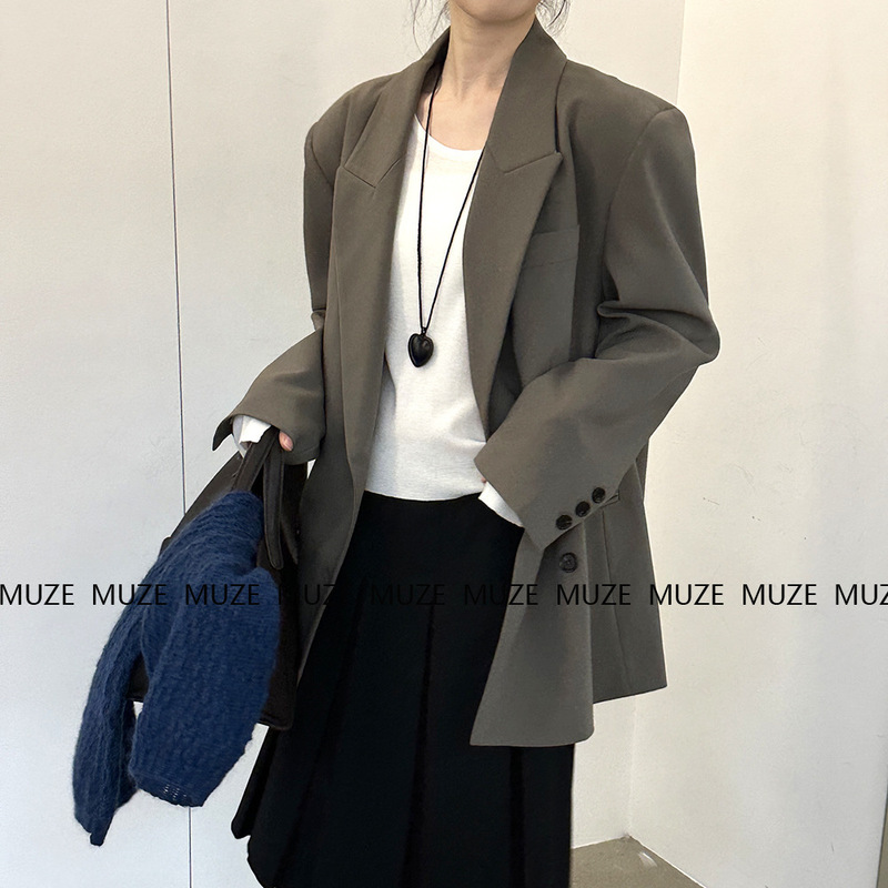 Muzhe European and American Style Wide-Cut Suit~Spring New Style Simple Loose Large Black Suit Jacket for Women V8010