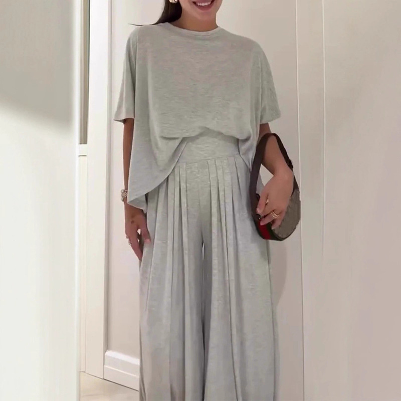 2025 European and American Cross-Border Amazon Independent Site Solid Color Casual Loose Comfortable Round Neck Wide-Leg Pants Women's Set 2025 European and American Cross-Border Amazon Independent Site Solid Color Casual Loose Comfortable Round Neck Wide-Leg Pants Women's Set