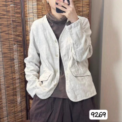 CO 2025秋韩版宽松简约复古亚麻加里衬V领休闲外套百搭上衣女9269