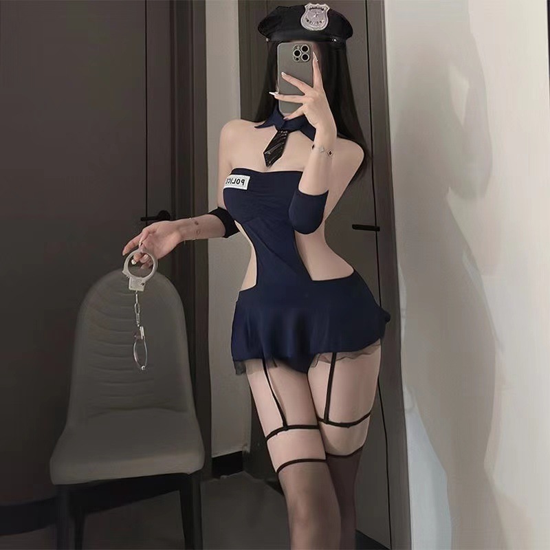 Police Officer Roleplay Lingerie Set with Stockings and Hat, One Size — detail image 8