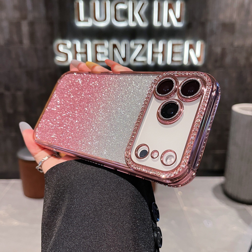 Adatto per iPhone 17 Pro Max con bordi quadrati impreziositi da diamanti, custodia glitterata sfumata per 16 Pro, 14/13, chiaro_voghion.com