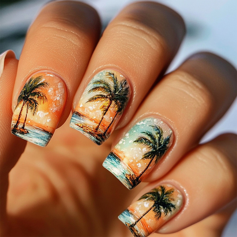 Summer Ocean Style Coconut Tree Beach Design Holiday Short Square Fake Nail Patch Fake Nail Pieces