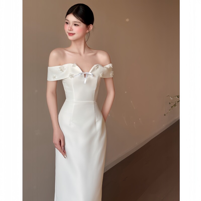 Light Wedding Dress, Small Formal Dress, Off-The-Shoulder, Simple, Travel-Friendly, Lightweight, White, Korean-Style, for Marriage Registration, Engagement, Reception, and Going Out Light Wedding Dress, Small Formal Dress, Off-The-Shoulder, Simple, Travel-Friendly, Lightweight, White, Korean-Style, for Marriage Registration, Engagement, Reception, and Going Out