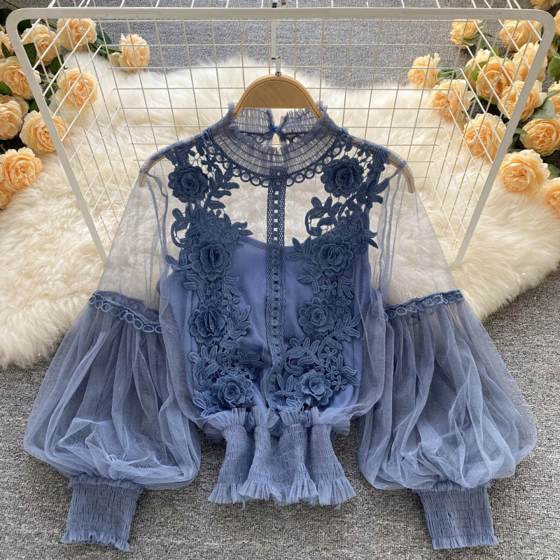 Design-Inspired Niche Three-Dimensional Floral Patchwork Sheer Mesh Lantern Sleeve Slim-Fit Short Top Women's Lace Base Shirt