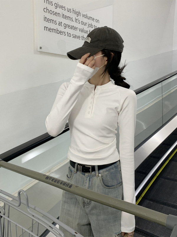 纽扣半开领长袖T恤女春秋冬季2025设计感插肩袖内搭短上衣打底衫|undefined