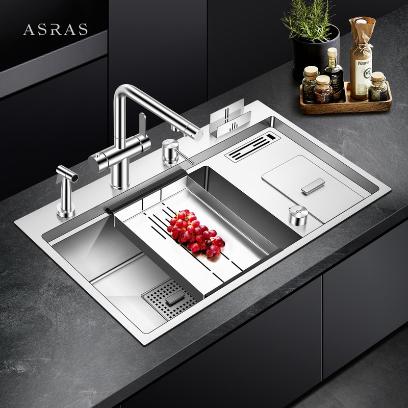 ASRAS ASAS Kitchen Sink 304 Stainless Steel Under-counter Single-sink Multifunctional Vegetable Washing Basin with Knife Holb Trash Bin