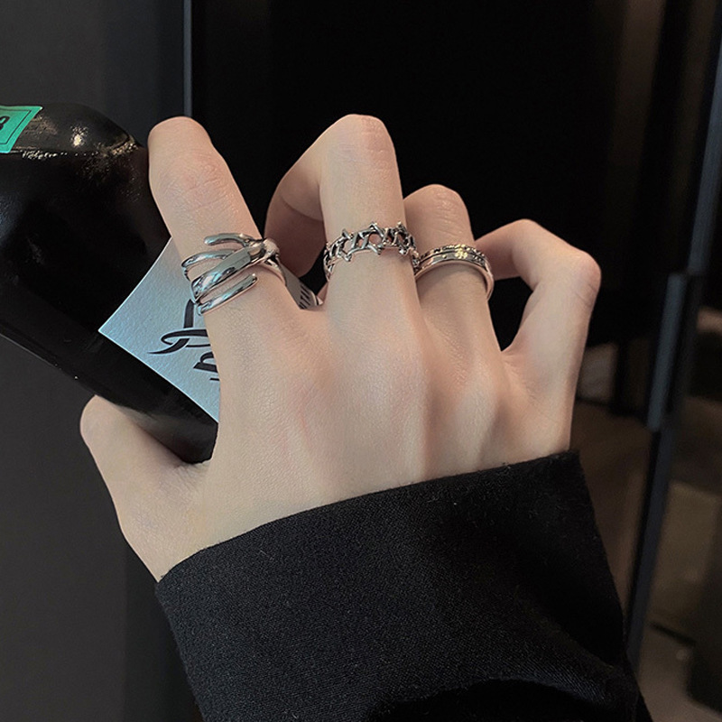 S925 Silver-Plated Non-Fading Ins-Style Trendy Design Ring with Hip-Hop Retro Adjustable Open Chain