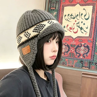 复古费尔岛提花护耳帽女秋冬流苏绑带针织帽保暖显脸小毛线雷锋帽