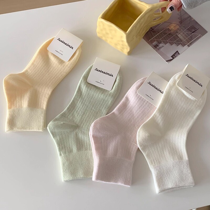 White Socks for Women, Mid-Calf Length, Spring and Autumn Style, Sporty Solid Color, Korean and Japanese Style, Dopamine Candy Colors, Summer Short Socks