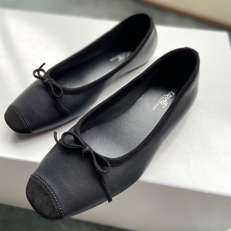 フレンチニッチ reqins バレエシューズ本革フレンチレトロフラットスクエアトゥリボンダンスシューズ女性用|undefined