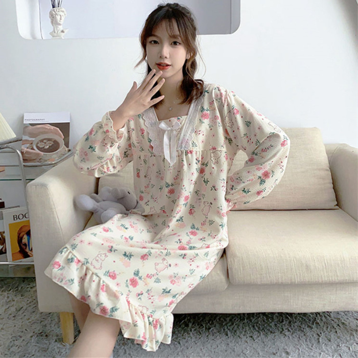 Una variedad de estilo princesa francesa de alta calidad ins estilo burbuja de algodón con volantes pijamas de las mujeres de primavera y otoño mono camisón desgaste del hogar