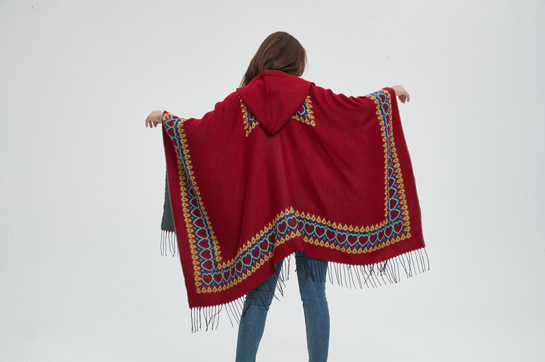 Mantello invernale unisex con scialle primaverile e autunnale Stile etnico Mantello con cappuccio con frange rosse Love_voghion.com