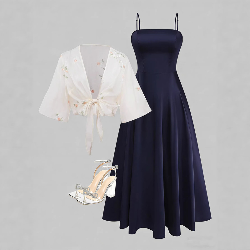 Women's Elegant Dress with Straps, Chiffon, Satin, and a Cape, Featuring a Ruched Design, Suitable for Summer Women's Elegant Dress with Straps, Chiffon, Satin, and a Cape, Featuring a Ruched Design, Suitable for Summer