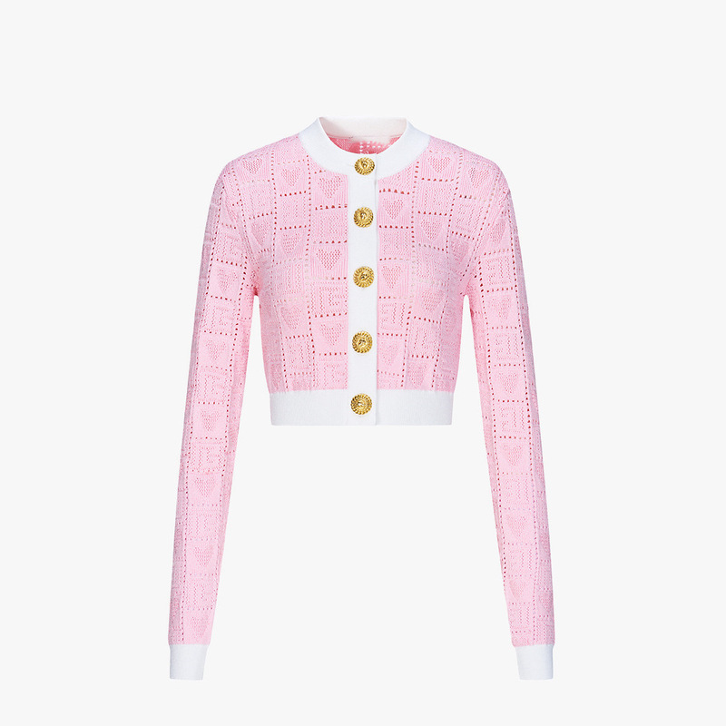 Tweed Style Metal Buckle Decorated Heart-Shaped Cut Out Knitted Cardigan 2026 Early Autumn New Product Ladylike Elegant Round Neck Top