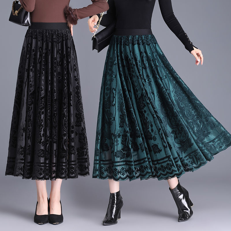 Velvet Pleated Skirt Autumn and Winter New Skirt High Waist 2024 Flocking Large Skirt Mid-length Elegant Long Dress Lace Velvet Pleated Skirt Autumn and Winter New Skirt High Waist 2024 Flocking Large Skirt Mid-length Elegant Long Dress Lace