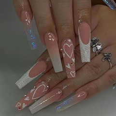 Long ballet nails, pink and shiny, love heartbreak diamond wearable nails, 24 pieces of gradient manicure patches, wholesale and removable