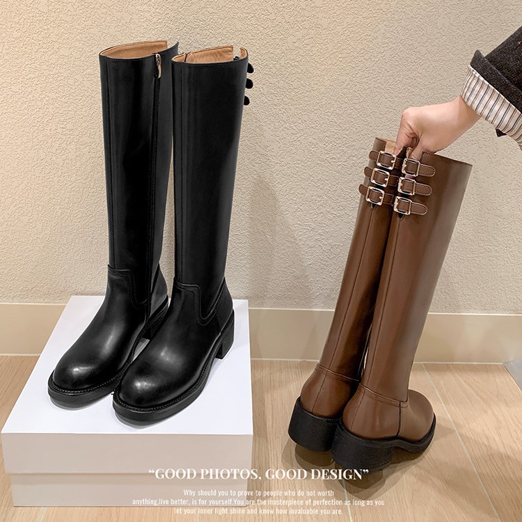 Women's Knee High Boots With Thick Heel And Buckle Side Zipper_voghion.com