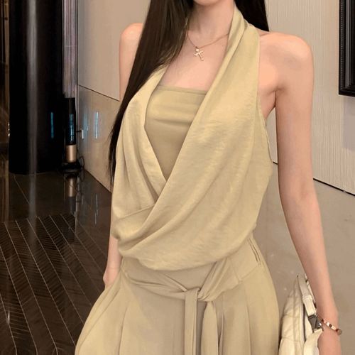 New Style Set French Vintage Apricot Halter Top Women's Summer Loose Tie Wide Leg Pants Casual Pants Two-Piece Set 