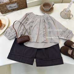 小さな塩辛いレモン柄の女の子用秋服セット2025新作子供服女の子用ベビーコート春秋用ツーピースセット