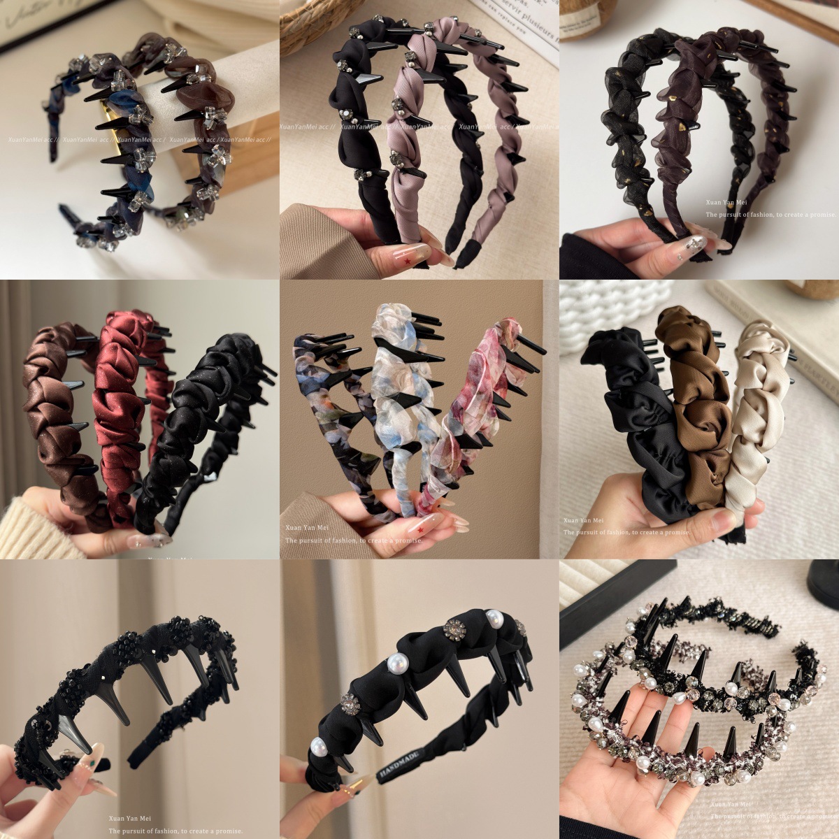 法式闪钻珍珠波浪发箍女高颅顶头箍发饰带齿防滑外戴发卡压发头饰
