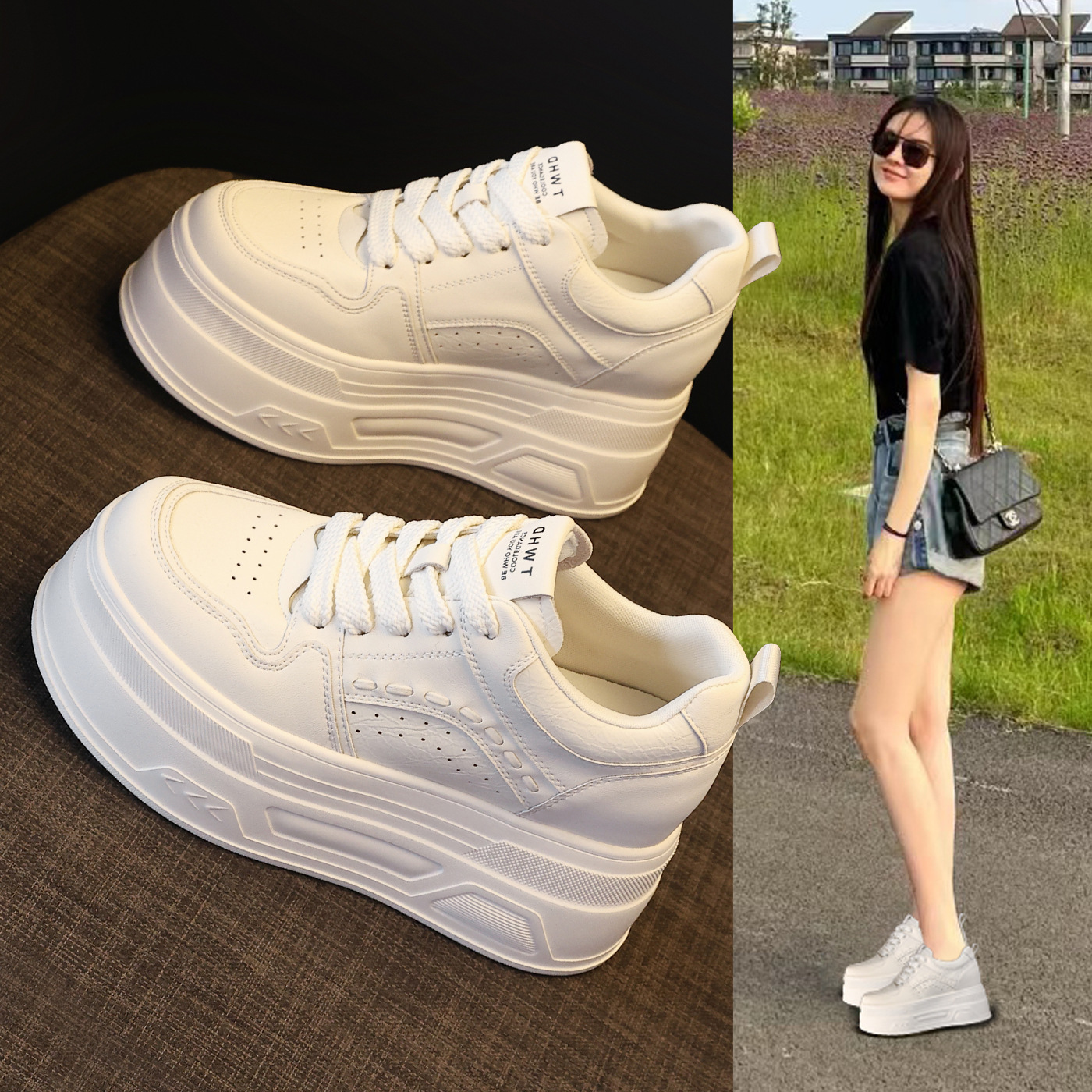 Giày sneaker nữ đế dày tăng chiều cao, phong cách thời trang đa năng — màu be
