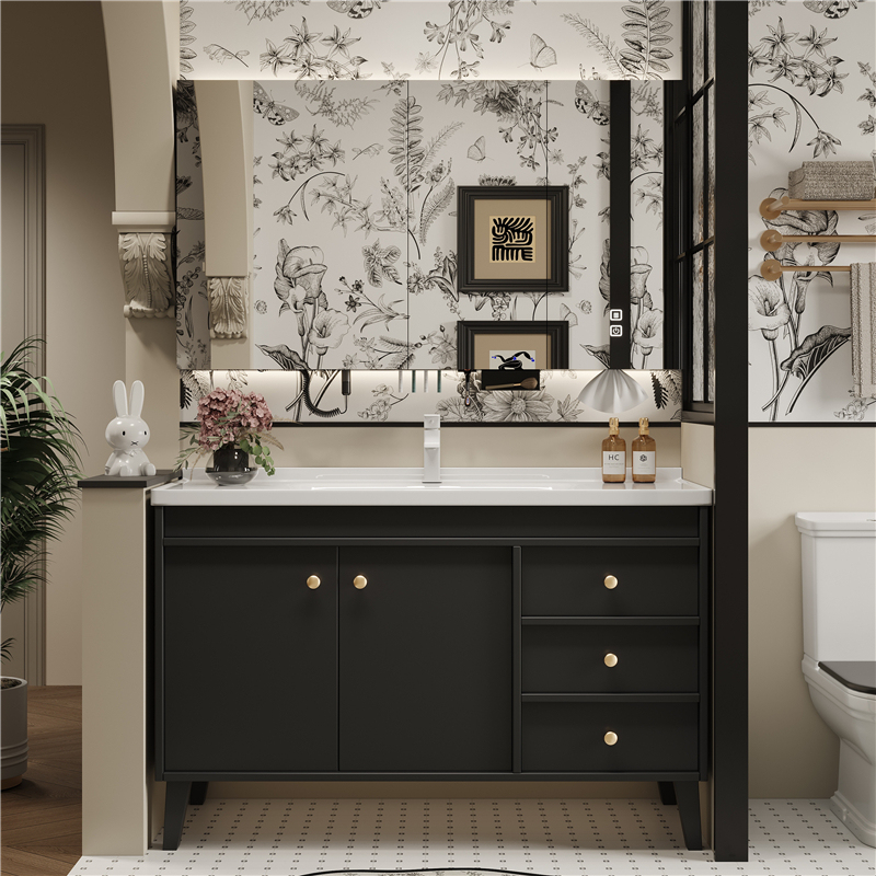 Black French-Style Vintage Floor-Standing Bathroom Cabinet Mirror Cabinet Combination with Integrated Ceramic Washbasin Cabinet Bathroom Sink Basin