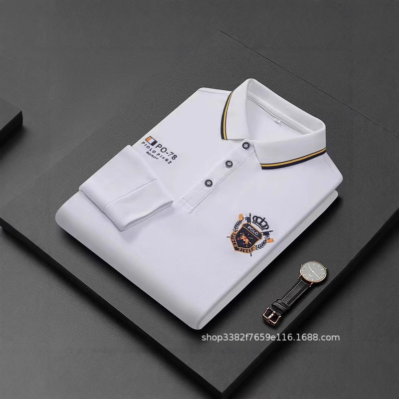 Cross-Border E-Commerce New Autumn and Winter Men's Long-Sleeved T-Shirt Export Business Boutique Embroidered Lapel Polo Shirt Trendy Wide