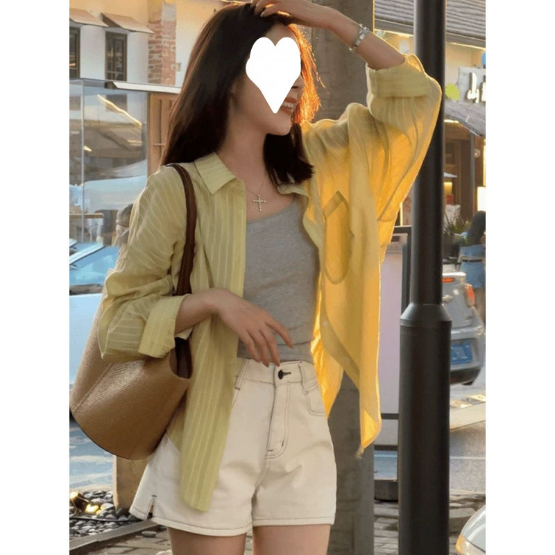 Q7N Tencel солнцезащитная рубашка женская летняя полосатая рубашка из тенселя 2025 новая верхняя одежда тонкий свободный топ