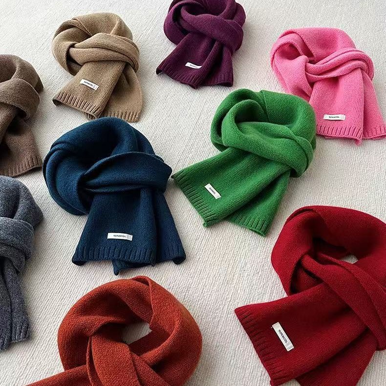 100% pure wool knitted scarf for women, warm for autumn and winter, Korean style, versatile, solid color, high-end feel neck warmer