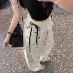 甘いギャルのレースの辺はカジュアルなズボンの蝶結びのズボンの女性の夏のゆったりしている腰の広い足のズボンのストレートなズボンをつなぎ合わせます。