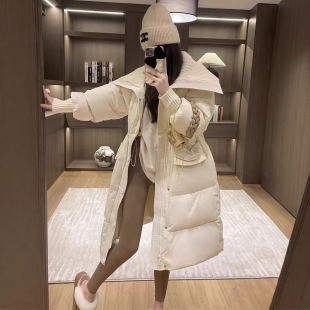 2025 Winter New Knitted Large Lapel White Duck down Jacket for Women, Mid-Length, Japanese and Korean Style, Waist-Cinching, Thickened, Extreme Cold Protection