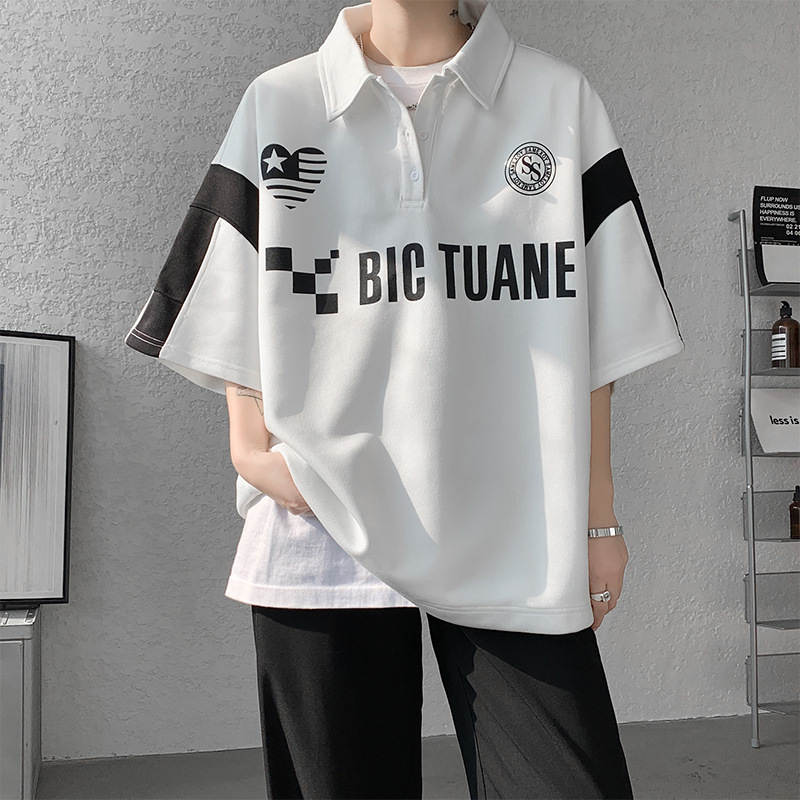 Men's Polo Shirt Patchwork Quarter Sleeved Loose Oversized Top_voghion.com