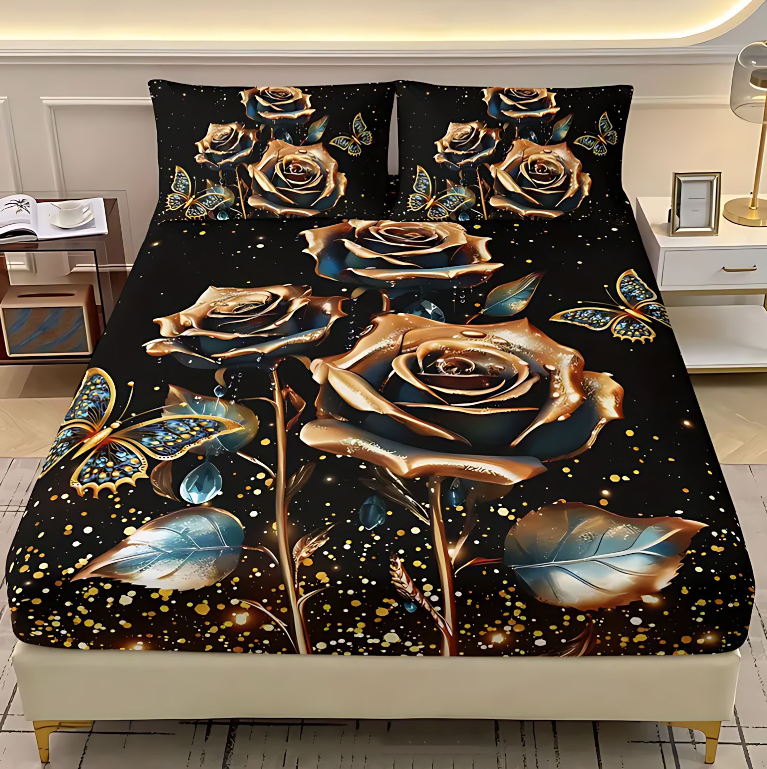 TEMU / JIT serie de rosa dorada negra impresión digital HD cama camisa colchón conjunto de dibujo se puede ajustar