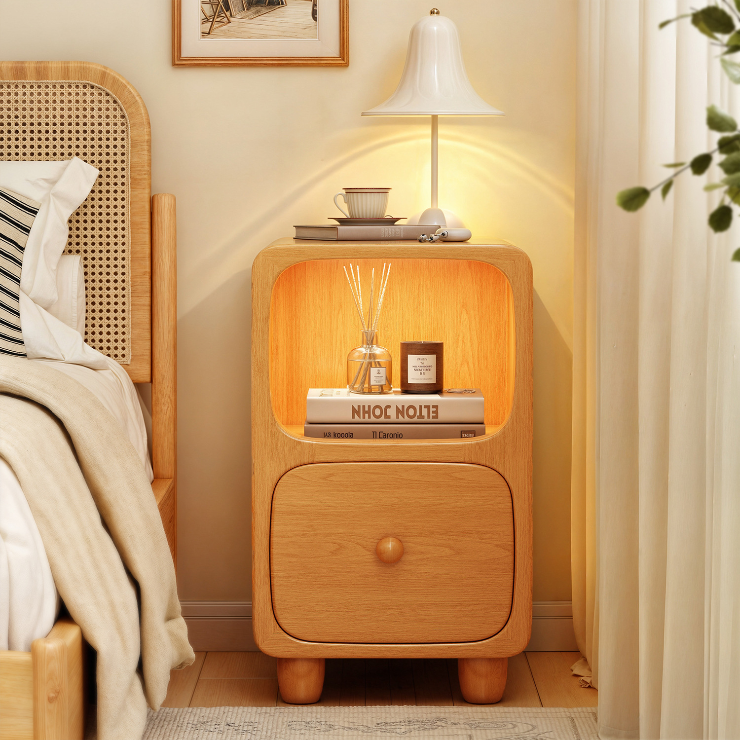 Solid Wood Bedside Table Small Bedroom Children's Bedside Table Cream Style Smart Bedside Storage Rack Storage Storage Cabinet