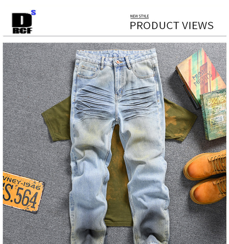 Men's Vintage Washed Jeans - Relaxed Straight-Leg High Street Denim Pants With Wave Crease Design, Light Blue_mkmklike.com
