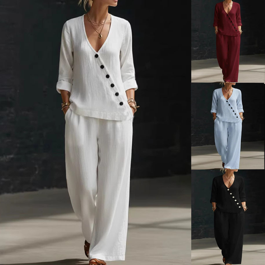 2026春夏新款女装 欧美跨境极简气质宽松V领斜扣衬衫阔腿裤两件套