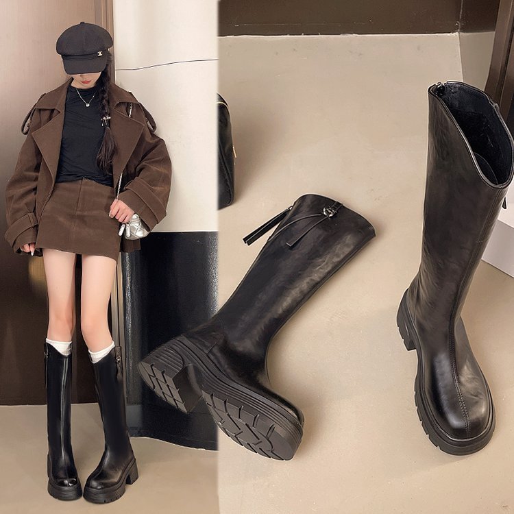 美拉德棕色V口长筒靴女高跟骑士靴复古瘦瘦靴高筒骑士靴粗跟靴子|undefined