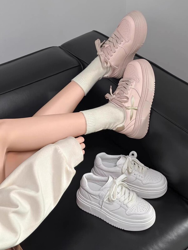 Pink Casual Sports Sneakers for Women 2025 New Spring & Fall Internet Celebrity Heightening Versatile Breathable Thick-Soled Bread White Shoes