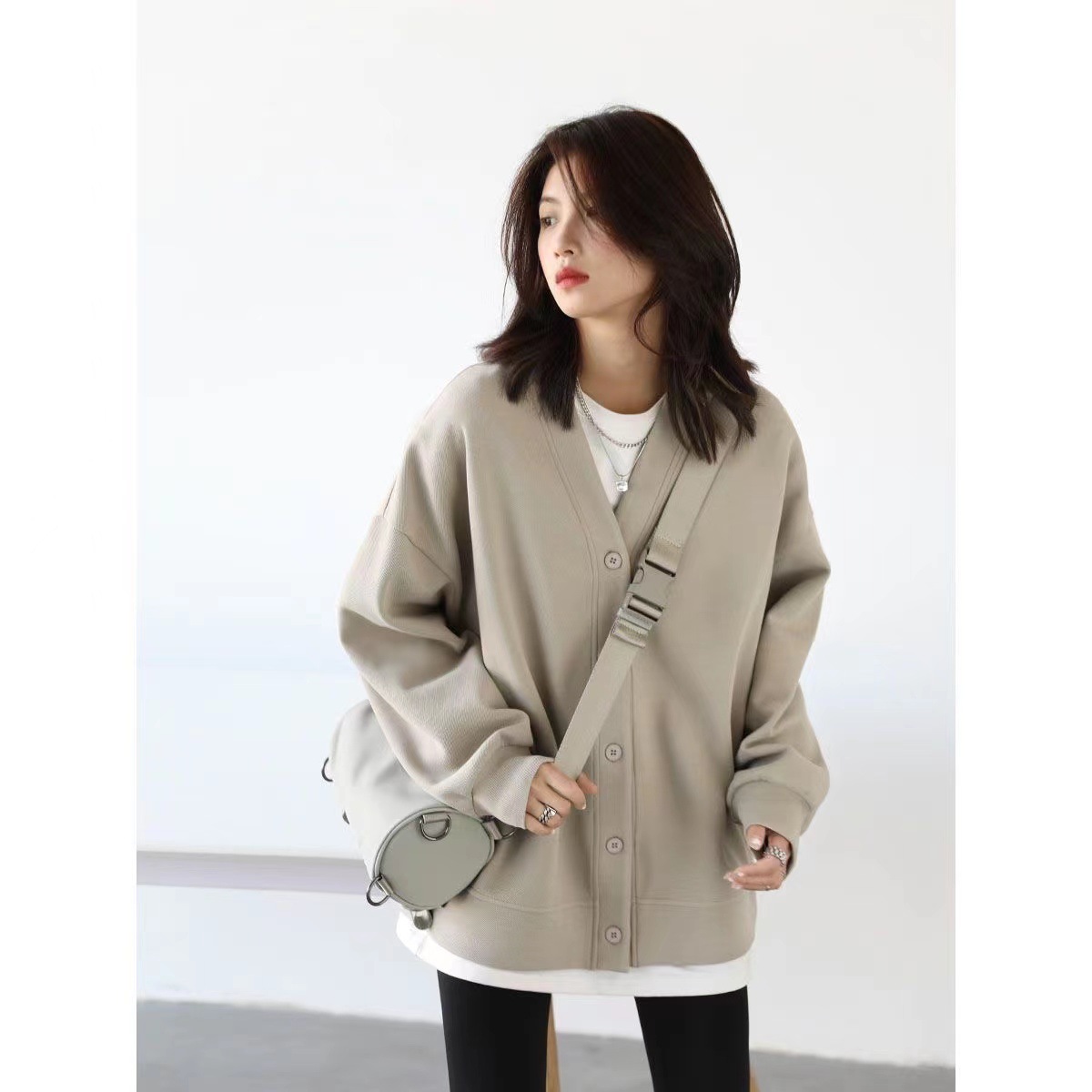 CHICVEN无尽迁徙休闲百搭宽松V领中长款开衫外套bf风叠穿上衣