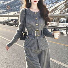 今年流行秋冬穿搭时髦洋气韩系气质灰色收腰针织毛衣裤子套装女爆