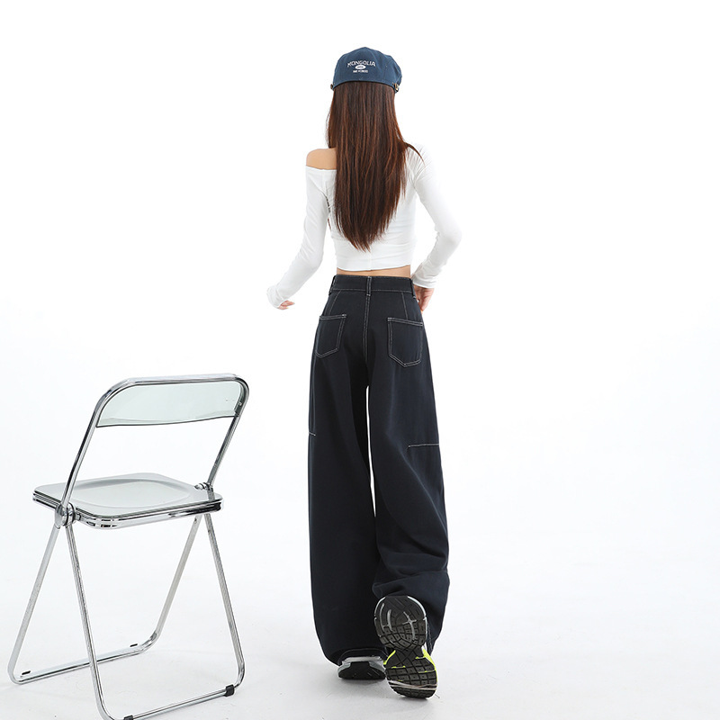 松林绿牛仔裤女爆款2025早秋新款美式显瘦宽松百搭弯刀裤子夜空蓝|undefined