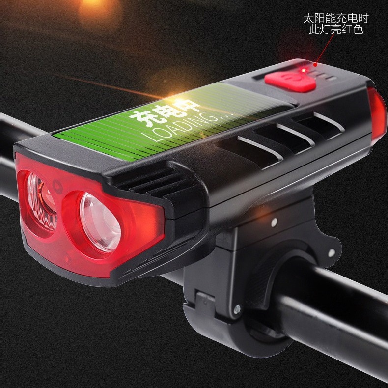 Luz solar de la bicicleta carga faro T6 mecha cuerno luz nueva transfronteriza T6 Faro de carga USB