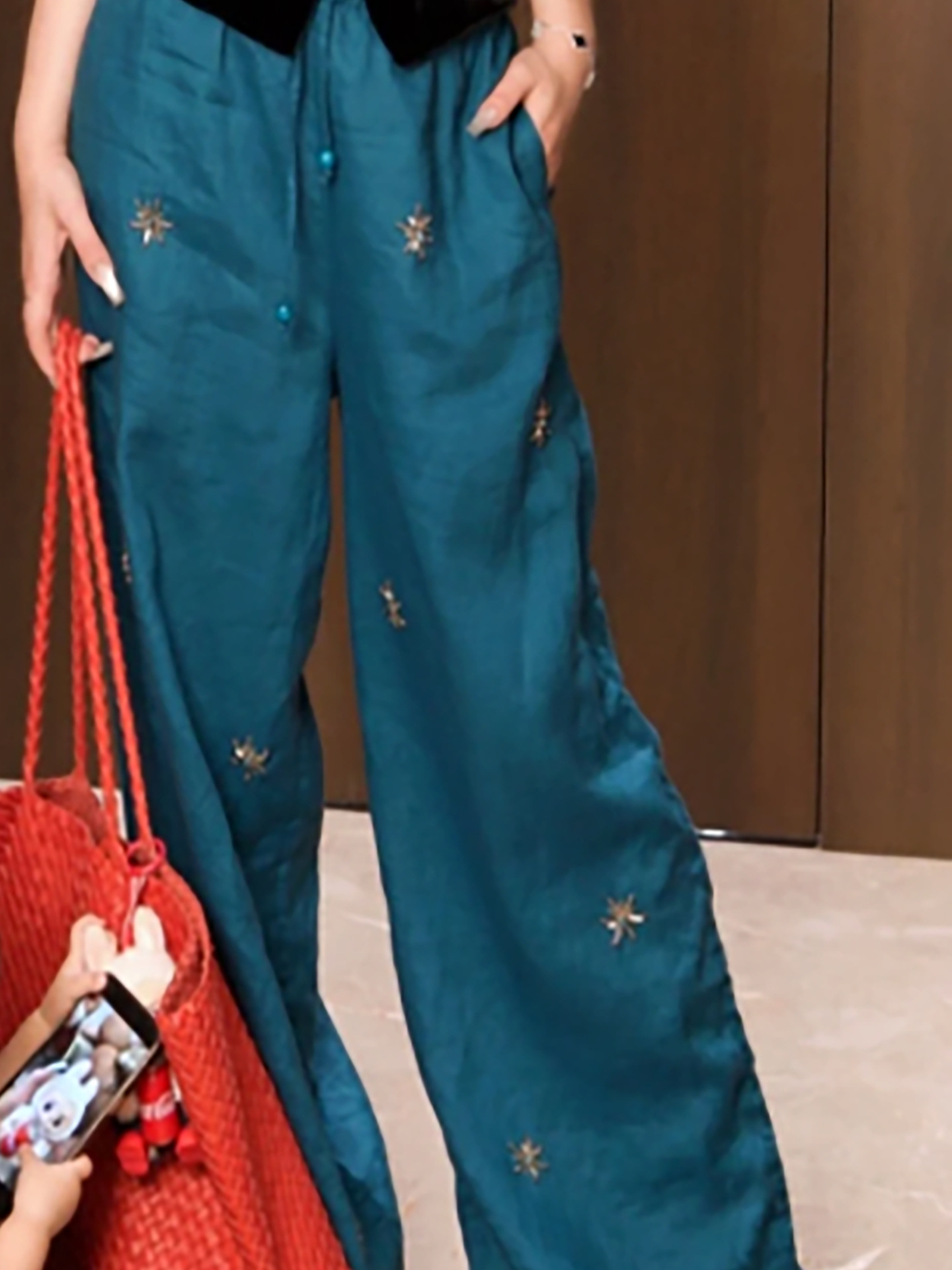 Quần ống rộng nữ vải lanh cao cấp đính cườm, lưng cao, phong cách retro — Màu xanh chàm
