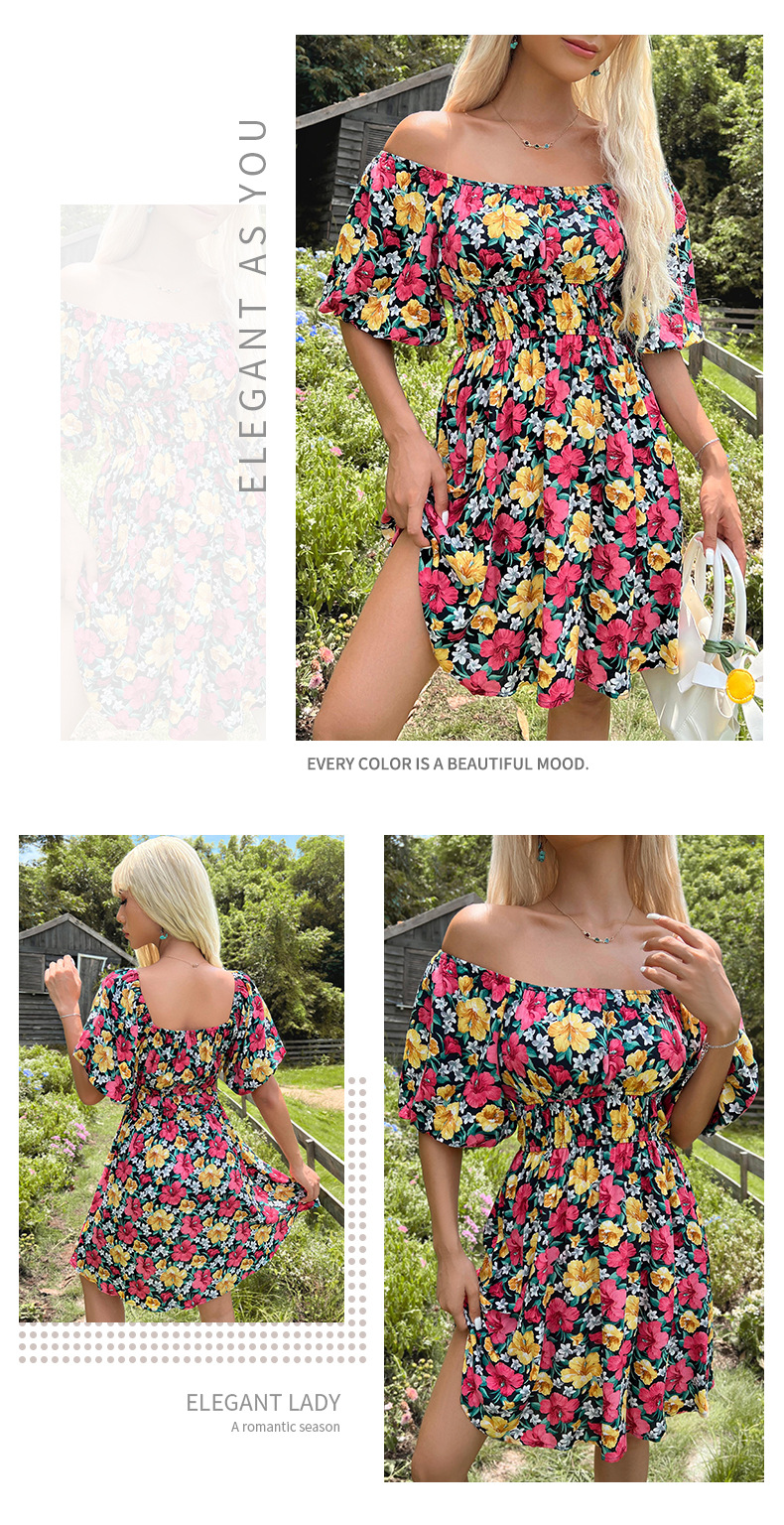 Flowers Printed Original One-line Off-shoulder Ruffle Dress_voghion.com
