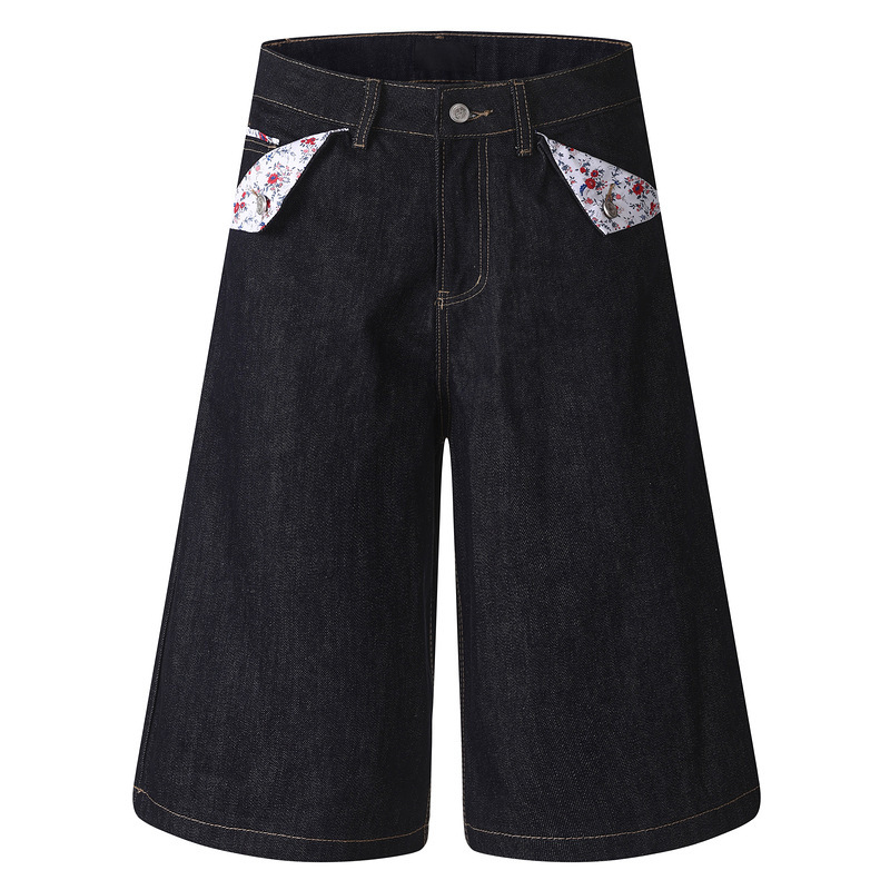 American-Style Original Black Denim Wide-Leg Cropped Pants with Floral Lining, Turn-Up Design, Visible Stitching, High Waist, Unisex American-Style Original Black Denim Wide-Leg Cropped Pants with Floral Lining, Turn-Up Design, Visible Stitching, High Waist, Unisex
