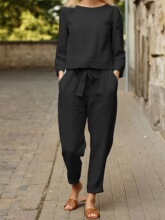 O 68402 Casual Solid Color Linen Two Piece Set ����������װ