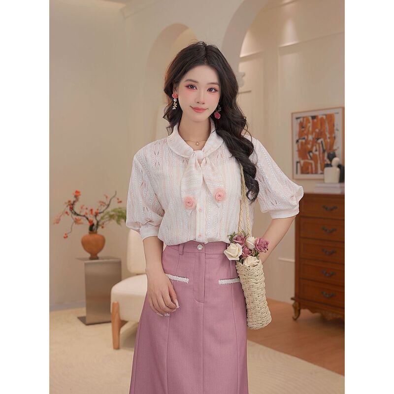 Rose Tie Bubble Short-Sleeved Shirt for Women, Summer Style Lace-Up Floral Top, Women's Summer Style Shirt